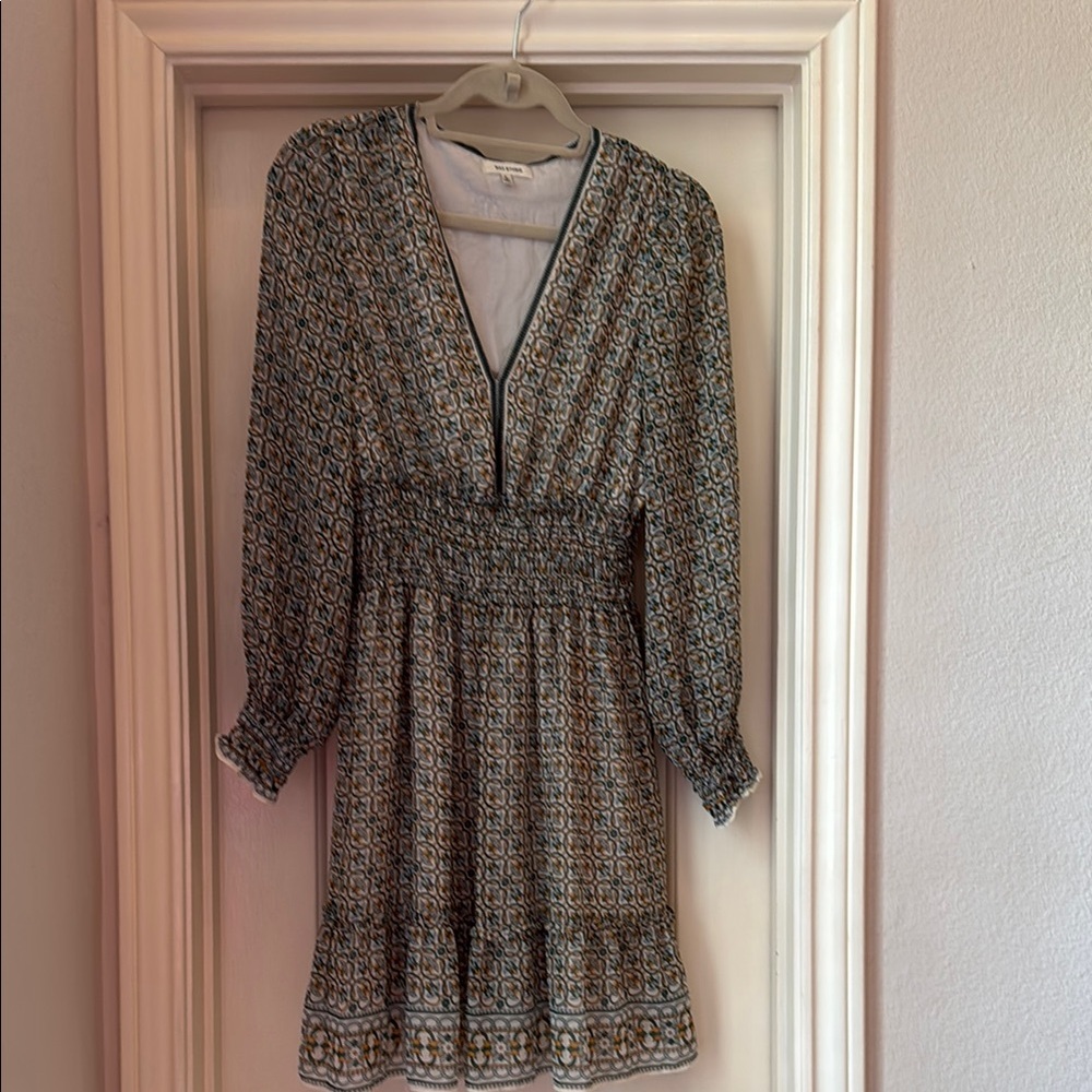 Elegant Smocked, Ruffled, Green-Yellow-White Patterned Dress